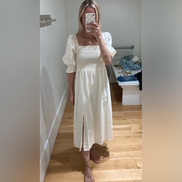 GAP Linen-Blend Puff Sleeve Square Neck Cream Midi Dress - Picture 2 of 9